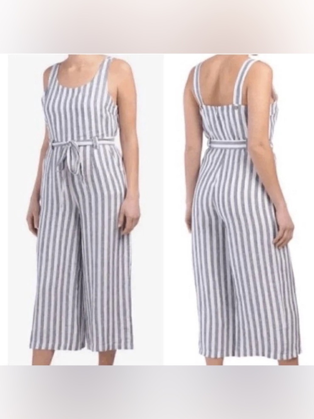 Rachel Zoe Jumpsuit Blue White Striped Linen Cropped Wide Leg Womens Size 4